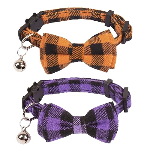 ADOGGYGO Halloween Cat Collars Breakaway with Removable Bowtie Bell, 2 Pack Orange Purple Plaid Halloween Bow Collar for Cats Kittens - color: Orange&Purple-1