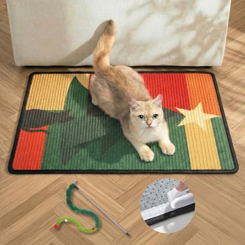 Conlun Cat Scratcher Mat,Sisal Cat Scratch Pad,Horizontal Floor Cat Scratching Pads Rug for Indoor Cats,Protector for Wall&Carpets&Sofas,Kitty Xmas-Gift, Includes Cat Toy (M, Christmas) - color: Green, size: 1 Pack-M (23.6'' X 15.7")