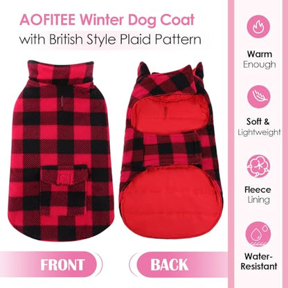 AOFITEE Reversible Dog Coat, Warm Winter Jacket, Thick Padded Vest with Leash Hole, Cotton Material, Plaid Print, Small (23'' Chest) - color: Red, size: Small