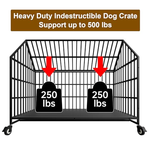 54" Indestructible Heavy Duty Dog Crate, Large Strong Steel Escape Proof Cage Dog Kennel for Large Giant Dogs with 4 Wheels, 2 Trays, 2 Doors, XXL