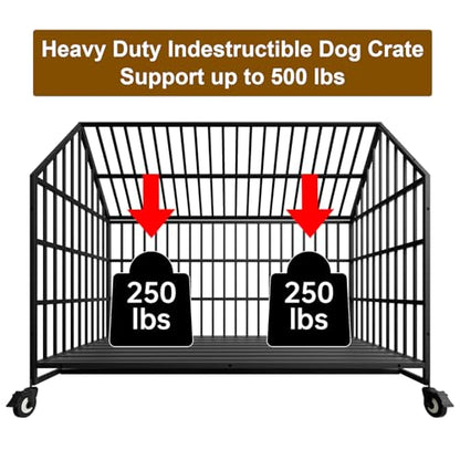 54" Indestructible Heavy Duty Dog Crate, Large Strong Steel Escape Proof Cage Dog Kennel for Large Giant Dogs with 4 Wheels, 2 Trays, 2 Doors, XXL