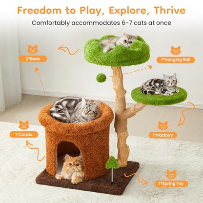 32-Inch Multi-Level Cat Tree Tower, Natural Wooden Cat Furniture with Sisal Scratching Posts, Beds & Condo, Cute Cat Tree for Indoor Cats, Multi-Cat Householdsolds - color: Green