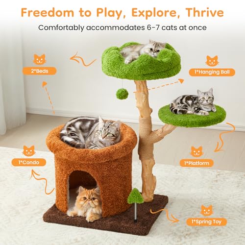 32-Inch Multi-Level Cat Tree Tower, Natural Wooden Cat Furniture with Sisal Scratching Posts, Beds & Condo, Cute Cat Tree for Indoor Cats, Multi-Cat Householdsolds - color: Green