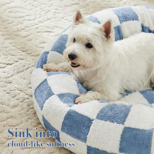 Ohocut Checkered Dog Bed, Cute Blue Retro Style Aesthetic Round Warming Pet Calming Beds for Small Dog and Cats, Plush Cozy Donut Dog Beds Washable, 30" L x 30" W x 8" Th - color: Blue, size: 30"L x 30"W x 8"Th