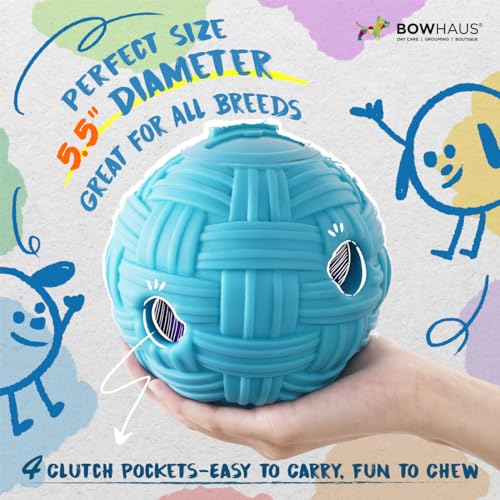 BOWHAUS Knitted Style Giggle Ball for Dog, 5.5 Inch Interactive Treat Dispensing Ball, Indestructible Fun Squeaky Dog Chew Exercise Toy, Non-Toxic Durable PVC Wobble Giggle Toy for Indoor Outdoor Play - style: Treat Ball - Knitted Style