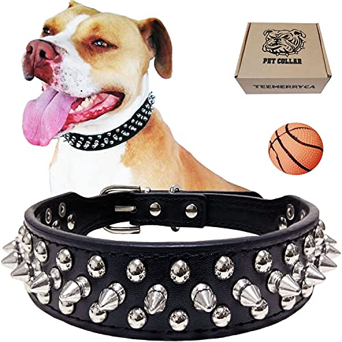 TEEMERRYCA Adjustable Microfiber Leather Spiked Studded Dog Collars with a Squeak Ball Gift for Small Medium Large Pets Like Cats/Pit Bull/Bulldog/Pugs/Husky, Black, S 10.8-13.2 inches - color: BLACK, size: S: 10.8"-12.8"(for Puppy)
