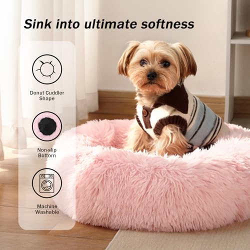 Calming Donut Dog Bed for Small to Medium Dogs & Cats - Plush Faux Fur Anti-Anxiety Pet Bed with Machine Washable Cover & Non-Slip Base - color: Light Pink, size: Small 19.6''