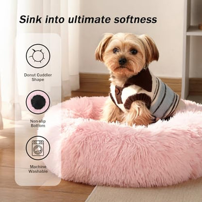 Calming Donut Dog Bed for Small to Medium Dogs & Cats - Plush Faux Fur Anti-Anxiety Pet Bed with Machine Washable Cover & Non-Slip Base - color: Light Pink, size: Small 19.6''