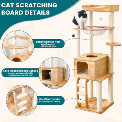 65-inch Tall Cat Tree，Cat Tower for Indoor Cats with Feel-Safe Enclosed Cat Cave、Scratching Post、Space Capsule Nest and Cat Ladder