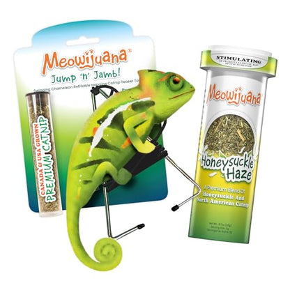 Meowijuana Chameleon Jump 'n' Jamb Door Hanging Cat Toy and Honeysuckle Haze Catnip Blend | Refillable Interactive Catnip Toy | Catnip Grown in North America - color: Chameleon & Honeysuckle Haze Blend
