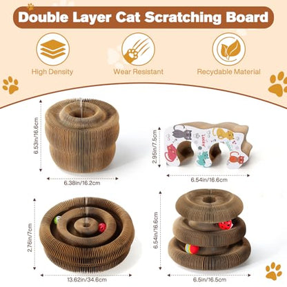 2 PCS Magic Organ Cat Scratcher Board with 6 Balls, Foldable Recyclable Accordion Cats Toy with Ball and Track Adventure, Cat Scratching Pad, Retractable Reversible Furniture Protector(Brown)
