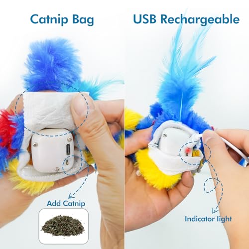 Vannon Cat Toys Flapping Bird(Cannot Fly), Rechargeable Touch Activated Kitten Toy Interactive Cat Exercise Toys with Catnip and Feather for Indoor Cat - Bule - color: Blue