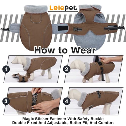 Lelepet Warm Dog Coats for Small Dogs Waterproof Dog Jacket Reflective Pet Fleece Vest Windproof Cold Weather Coats with Adjustable Buckle & Leash Hole, Turtleneck Doggy Snowsuit, Brown, S - color: Brown, size: S