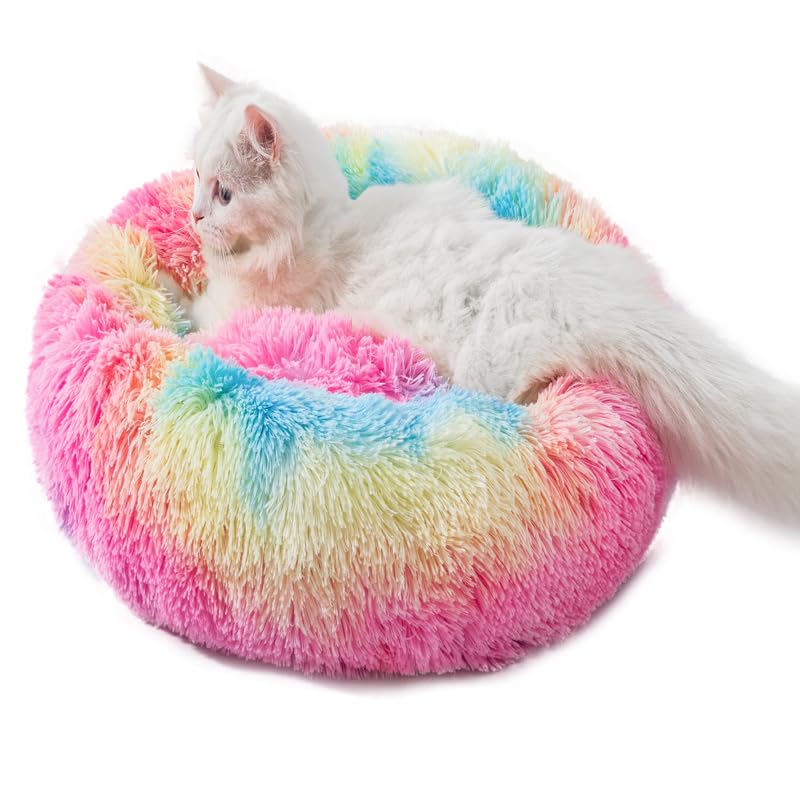 Cat Beds for Indoor Cat Dog Bed Dog Donut Bed Small Pet Bed Dog Calming Bed Warm Puppy Bed Cat Beds Baby Kitten Bed Fluffy Donut Bed Up to 7 Lbs Small Pet - size: Small