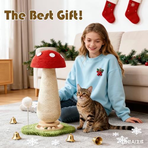 Mushroom Cat Scratcher Tower, Interactive Ball Track Spring Ball Cat Scratching Post, Sisal Kitty Activity Center for Indoor Cats & Kittens, Sturdy Wide Base 25.2 Inch - Red