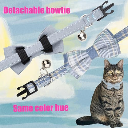 Cat Collar Breakaway Bowtie Safety with Bell Adjustbale Kitten Puppy Solid Plaid Color Set D-[2pcs] Blue - color: D-[2pcs] Blue
