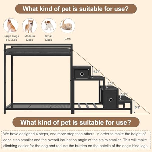 Saudism Pet Bunk Bed with Removable Stairs and 2 Drawers, Dogs/Cats Window Perch, Dog Window Seat with Soft Cushion, Ultra-Shallow Steps, Sturdy Metal Frame, Non-Slip, Load Capacity 60 LBS - color: Black