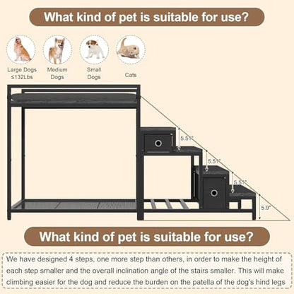 Saudism Pet Bunk Bed with Removable Stairs and 2 Drawers, Dogs/Cats Window Perch, Dog Window Seat with Soft Cushion, Ultra-Shallow Steps, Sturdy Metal Frame, Non-Slip, Load Capacity 60 LBS - color: Black