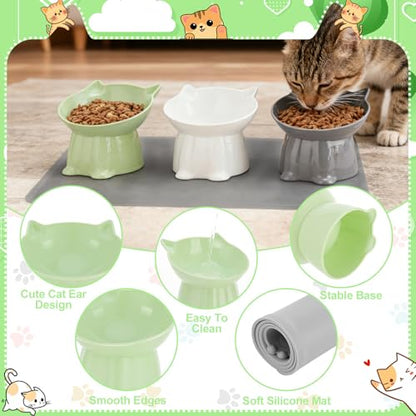 3 Pcs Elevated Cat Bowls 15°Raised Cat Food Bowl with Silicone Mat Whisker Friendly Anti Vomiting Cats Dishes Pet Food and Water Bowls for Indoor Cats Kittens Classic 3 Colors - color: Green, Grey, White