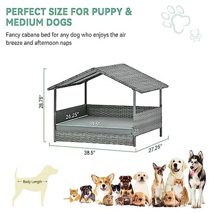 Lyromix Wicker Dog House with Canopy, 32" Outdoor Elevated Rattan Dog Bed with Water-Resistant Soft Cushion, Large Outside Raised Dog Shelter for Small, Medium Dogs, Gray