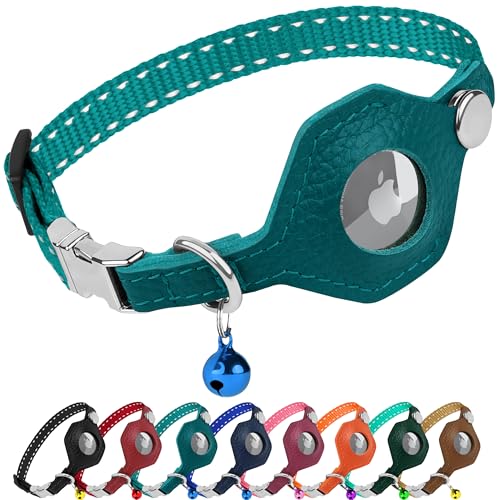 Reflective AirTag Cat Collar with Metal Buckle - Leather Soft Non Breakaway Cat Collars with Apple Air Tag Holder and Bell - Tracking GPS Secure Pet Collars for Cats Kitten Puppy (Teal) - color: Teal