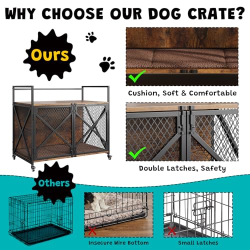 GarveeLife 41 in Dog Crate Furniture, Heavy Duty Decorative Dog Cage with Lockable 360° Wheels, Double Door Dog Kennel End Table for for Small Medium Large Dog, Rustic Brown