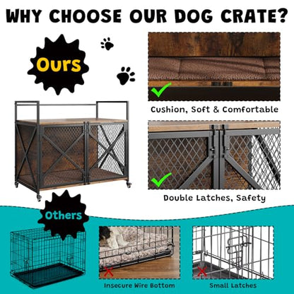 GarveeLife 41 in Dog Crate Furniture, Heavy Duty Decorative Dog Cage with Lockable 360° Wheels, Double Door Dog Kennel End Table for for Small Medium Large Dog, Rustic Brown