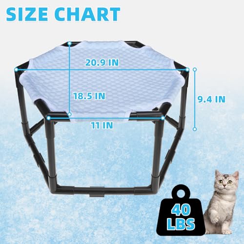 Elevated Cat Cooling Hammock Bed, Hexagonal Raised Cat Cot with Breathable Ice Beanie Fabric and Anti Slip Block, Cooling Pad Mat Indoor Outdoor Stable Pet Swing Bed for Small Puppy, Blue - color: Blue