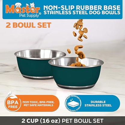 Master Pet Supply Stainless Steel Dog Bowls Set of 2 (16 Oz Each) with Non-Slip Rubber Base - Emerald Sea - Basic Dog Food Bowl Water & Food Bowls for Small Medium Large Dogs & Cats, Metal Dish - color: Emerald Sea, size: 2 Cups (16 oz) 2 Pack
