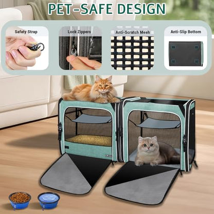 Petskd 2 in 1 Double Cat Car Travel Carrier with Litter Box, 38"x17"x18" Dual Extra Large Cat Carrier for Several Cats, Portable Cat Carrier with Zipper Locks for Longer Road Trips (Green)