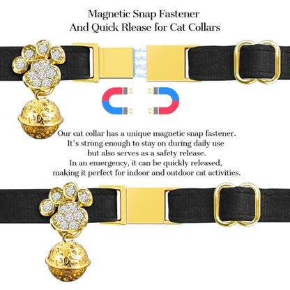 Personalized Breakaway Cat Collars - Magnetic Buckle, Bell - Safety Quick Release, Customized for Girls & Boys Cats- (Velvet-Black) - color: Velvet-Black
