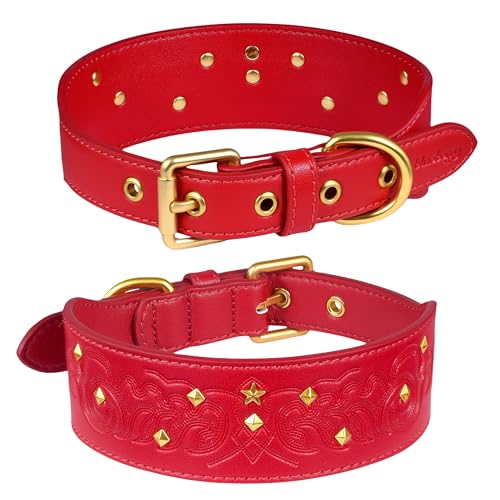 Blueberry Pet Premium Embossed Red Glam Silver-Powered Freshness Microfiber Leather Dog Collar with Gold Studs - color: Red, size: Medium