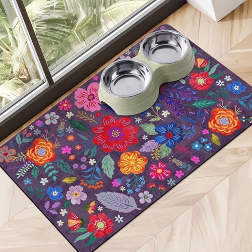 Dog Food Mats for Floors, Absorbent Dog Bowl Mat for Food and Water Dispenser, Quick Dry Cat Food Mat Pet Supplies - color: Floral Purple, size: S(12"×20")
