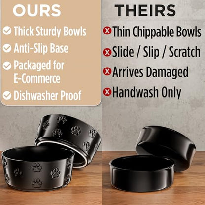 Ceramic Dog Bowl Set of 2 with Anti-Skid Base - 6.5" Wide x 2.5" Tall Ceramic Dog Bowls Medium Sized Dogs - 3.8 Cup Capacity Food and Water Bowls for Dogs - Rubber Bottom Pet Bowl Set of 2 Medium Size - color: Black, size: Medium