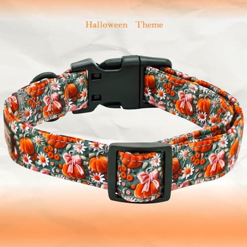 Elegant little tail Halloween Dog Collar, Pumpkin with Flower Print Fall Pet Collars Cotton Soft Sturdy Puppy Collars Holiday Female Adjustable Collar for X-Small Puppy - color: Fall-3D Pumpkin, size: X-Small (Pack of 1)