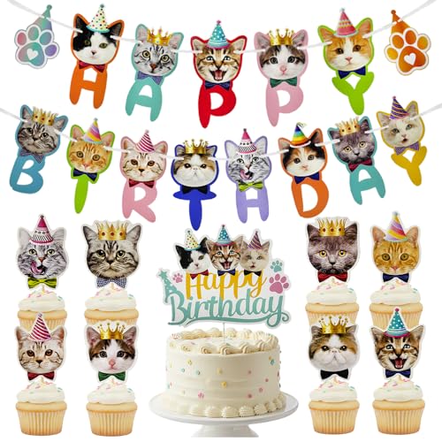 Cat Birthday Cake Topper & Paper Garland Banner Set – 12 Pc Kitten Cupcake Picks + 10ft Pennant, Reusable Indoor/Outdoor Party Decor for Cats & Kids (Banner Set) - size: Cat Birthday Banner Set