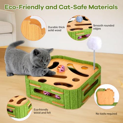 Cat Puzzle Box Toy for Indoor Cats Boredom Relief Interactive Wooden Cat Enrichment Maze with Jingle Balls, Feather Wands & Spiral Springs, Slow Feeder Treat Dispenser for Kittens & Adult Cats - size: Medium
