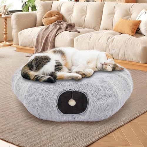 Cat Tunnels for Indoor Cats, Cute Donut Turnel Toys for Small Large Cats with Washable Circle Cushion，3-in-1 Foldable Playground & Cozy Cave Bed for, Kittens Puppy Rabbits, Grey - color: Modern Grey