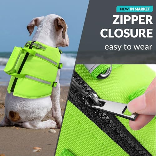 Queenmore Dog Swim Vest - Lightweight Adjustable Reflective Puppy Pet Float Life Preserver with Back Zip, Rescue Handle, Metal Hook (Green S) - color: Green, size: Small