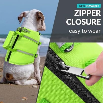 Queenmore Dog Swim Vest - Lightweight Adjustable Reflective Puppy Pet Float Life Preserver with Back Zip, Rescue Handle, Metal Hook (Green S) - color: Green, size: Small