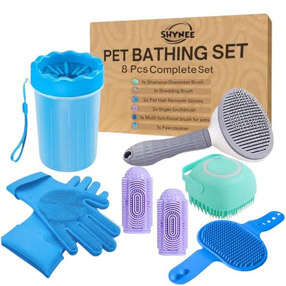 8PCs Dog Grooming Kit - Dog Shampoo Brush | Washing Gloves | Adjustable Dog Bath Brush | Dog Paw Cleaner | 2X Toothbrush | Dog Scrubber For Bath & Massage - Grooming & Bath Supplies for Dogs and Cats