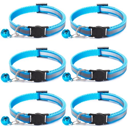 6 Pack Reflective Cat Collar with Bell, Breakaway and Safe Collars for Cats, Nylon, Pet Collar Adjustable19-32cm (Sky Blue) - color: Sky Blue