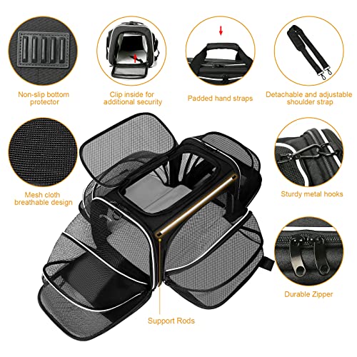 Estarer Soft Sided Pet Carrier Airline Approved, 4 Sides Expandable Collapsible Cat Carrier with Pockets & Removable Fleece Pad, Travel Carrier Bag for Cat Dog & Small Animals (Black) - color: Black