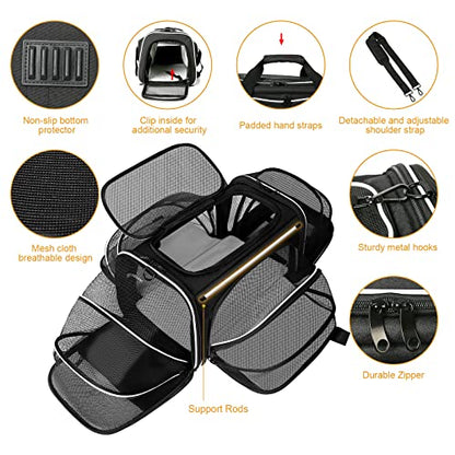 Estarer Soft Sided Pet Carrier Airline Approved, 4 Sides Expandable Collapsible Cat Carrier with Pockets & Removable Fleece Pad, Travel Carrier Bag for Cat Dog & Small Animals (Black) - color: Black