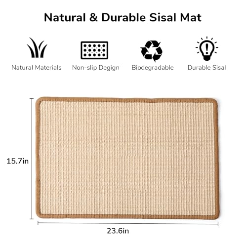 FUKUMARU Cat Scratcher Mat, 23.6 X 15.7 Inch Natural Sisal Cat Scratch Mats, Horizontal Cat Floor Scratching Pad Rug with Sticky Tapes, Protect Sofa and Carpet - color: Beige-23.6 x 15.7 Inch