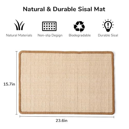 FUKUMARU Cat Scratcher Mat, 23.6 X 15.7 Inch Natural Sisal Cat Scratch Mats, Horizontal Cat Floor Scratching Pad Rug with Sticky Tapes, Protect Sofa and Carpet - color: Beige-23.6 x 15.7 Inch
