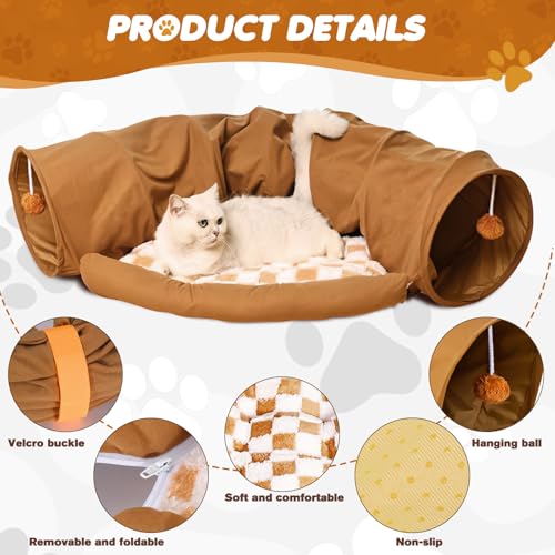 Spardar Bunny Tunnel Bed, 2-in-1 Collapsible Tunnel Tubes Toys, Washable, with Removable Mat Hideout, Interactive Toys for Rabbits Chinchilla Hedgehog Guinea Pigs Kitty, Khaki - color: Khaki