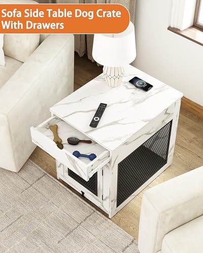 Dog Crate Furniture,Wooden Dog Crate End Table with Storage Drawer&Cushion&Tray, QC3.0 Wireless Charging,Dual USB,Small Dogs Marble White - color: Marble White, size: 25.0"L x 19.0"W x 24.0"H