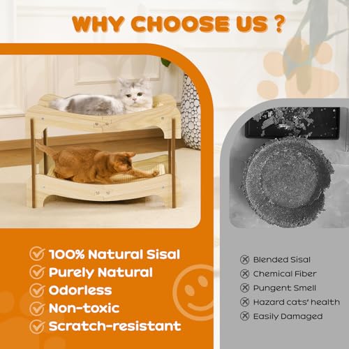 Two-Tier Sisal Cat Scratcher Bed Durable Cats Hammock Lounge for Scratching Pad, Wood Scratch Board for Indoor Kittens & Adult Cats, Easy Assembly Cats Furniture