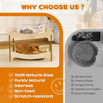 Two-Tier Sisal Cat Scratcher Bed Durable Cats Hammock Lounge for Scratching Pad, Wood Scratch Board for Indoor Kittens & Adult Cats, Easy Assembly Cats Furniture